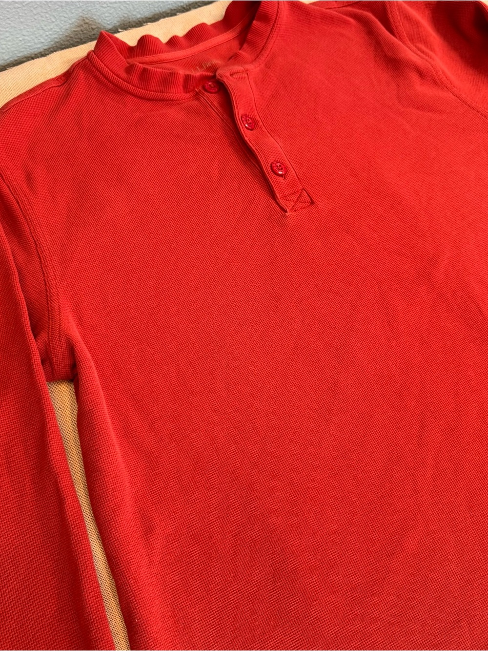 LL Bean Red Orange Button Henley Long Sleeve Large Shirt Top Waffle Knit